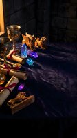 Medieval fantasy still life with ornate goblets, scrolls, crystals and dragon figurines on dark velvet fabric for gaming and storytelling concepts.