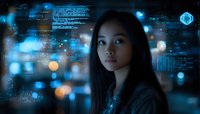 Young Asian woman looking up at futuristic holographic interface with glowing blue data displays and digital information in dark environment with bokeh lights.