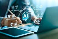 Businessman using laptop with artificial intelligence AI technology icons for data processing, automation and decision making in modern office.