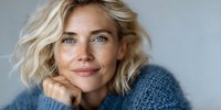 Portrait of confident mature blonde Caucasian woman in blue knit sweater smiling warmly at camera with hand supporting chin in cozy indoor setting.
