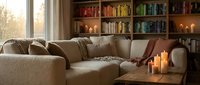 Cozy living room interior with comfortable sectional sofa, built-in bookshelf, warm candles and soft natural lighting creating relaxing home atmosphere.