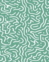 Abstract organic pattern with white curved lines and dots on mint green background. Seamless design for fabric, wallpaper, and digital projects.