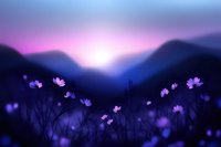 Purple mountain sunrise with wildflowers in foreground creating dreamy landscape scene for meditation wellness and nature backgrounds.