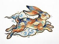 Ornate leaping rabbit with Asian folk art patterns, clouds, and floral motifs, isolated on transparent background. Great for t-shirt design, stickers, and print on demand.