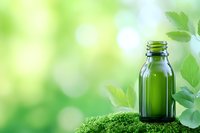 Green glass bottle with fresh organic juice or essential oil on moss against blurred natural background with green leaves and bokeh effect.