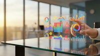 Businessman hand touching digital analytics dashboard with colorful charts, graphs and data visualization icons on glass screen in modern office with city view.