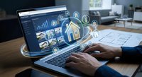 Smart home automation system interface on laptop with holographic house icon and connected device symbols in modern living room setting.