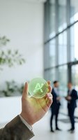 Businessman hand holding glowing green digital coin with mountain peak symbol in modern office lobby with colleagues in background for fintech concepts.