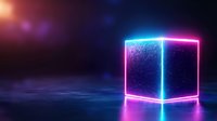 Glowing neon cube with pink and blue light effects on dark reflective surface against blurred background with lens flare and particles.