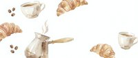 Watercolor coffee cups, croissants and beans seamless pattern on white background. French breakfast cafe elements for restaurant menu design.
