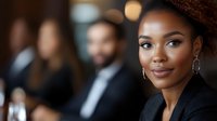 Young African American businesswoman smiling confidently in professional meeting with colleagues in modern office environment during corporate conference.