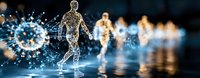 Glowing digital figures walking through virus particles on reflective surface, depicting health crisis impact on society in futuristic blue technological style.