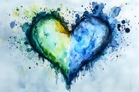 Watercolor heart shape in blue and green tones with paint splatters and drips on white paper, artistic abstract love symbol expressing emotional depth.