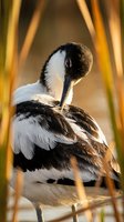 Avocet bird preening feathers in golden marsh reeds during warm sunset light. Wildlife photography showcasing natural grooming behavior in wetland habitat.