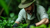 Middle-aged Caucasian botanist in safari hat examining tropical plants in lush rainforest greenhouse. Professional researcher studying green foliage specimens.