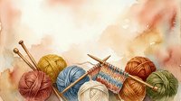 Colorful yarn balls and knitting needles arranged with a partially completed knitted swatch in warm watercolor tones, perfect for crafting, hobby and DIY projects.