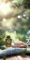 Aromatic candle and essential oil diffuser with pine branches on wooden plate against blurred forest background with bokeh lights for spa and wellness.