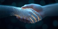 Glowing handshake with magical sparkles and light particles on dark background symbolizes business agreement, partnership, and digital transformation.