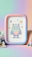 Cute pastel monster character with horns and stars in decorative frame on gradient background for nursery decor and children's room design.