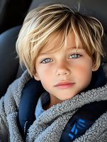 Young Caucasian child with striking blue eyes and blonde hair wearing cozy sherpa hoodie and car seat, close up portrait in natural lighting. Suitable for parenting blogs.