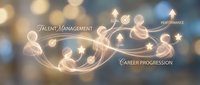 Professional development pathway with glowing icons connecting talent management to career progression and performance goals on bokeh background.