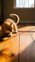 Orange tabby kitten playing on wooden floor in sunlit room with window. Adorable domestic cat in warm natural light for pet care and home lifestyle content.