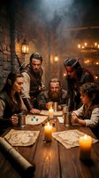 Medieval fantasy adventurers planning quest around tavern table with maps, dice and candles in atmospheric stone dungeon setting for gaming content.