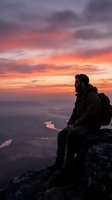 Male hiker with backpack sitting on mountain rock outcrop at sunset, overlooking valley landscape with winding river and dramatic orange sky. Adventure and travel concept.