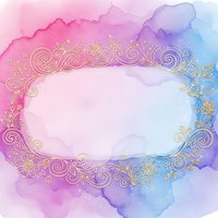 Watercolor gradient frame with golden ornate floral border on pink purple blue background. Decorative vintage design element for invitations and cards.