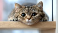 Curious tabby cat with big green eyes peeking over wooden shelf edge, head and paws visible, creating adorable spying expression against blurred background.