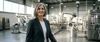 Mature woman with gray hair wearing black blazer standing in modern industrial manufacturing facility with robotic arms and machinery in background.