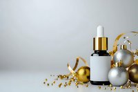 Luxury skincare serum bottle with golden dropper surrounded by festive gold and silver ornaments for holiday beauty and cosmetic promotions.