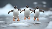 Three gentoo penguins jumping in sync on icy surface, showing playful behavior and natural movement in Antarctic environment, creating humorous wildlife scene.