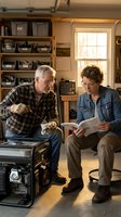 Senior Caucasian man and middle-aged Caucasian woman working together on generator maintenance in organized garage workshop with tools and storage shelves.