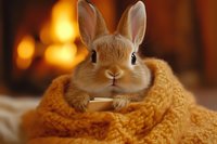 Adorable brown bunny wrapped in cozy orange knitted scarf holding tiny cup against warm fireplace background, creating hygge atmosphere for winter holidays.