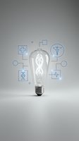 Vintage light bulb with DNA helix filament surrounded by medical icons including caduceus, cross, heartbeat and DNA symbols representing healthcare innovation.