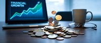 Stacked coins with upward growth chart on laptop screen, coffee mug and headphones on desk, representing financial success and investment returns.
