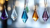 Colorful crystal pendants hanging on black cords with bokeh background for jewelry making and decorative crafts.
