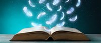 Open book with white feathers floating above against turquoise starry night sky background. Magical reading concept for education, literature and fantasy storytelling.