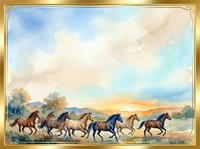 Wild horses galloping across open plains at sunset with golden ornate frame border for western themed designs and home decor applications.