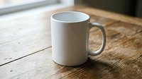 White ceramic mug on rustic wooden table near window, blank surface ready for custom print mockup design, natural light, cozy home.