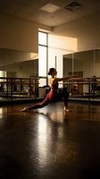 Female dancer in red athletic wear performing lunge stretch at ballet barre in sunlit studio with mirrors, ideal for fitness and dance training content.