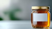 Golden honey in glass jar with blank white label on blurred green background, natural sweetener and organic food product photography.