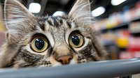 Tabby cat with wide eyes peering over surface in indoor setting with blurred background, expressing curiosity and playfulness for pet, animal behavior, and lifestyle content.
