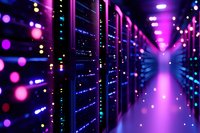 Modern data center with purple neon lighting and glowing server racks creating futuristic tunnel perspective, network equipment illuminated by vibrant bokeh effects.