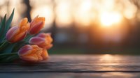 Orange tulips lying on wooden surface at sunset with soft bokeh background, creating romantic spring atmosphere for greeting cards and seasonal designs.