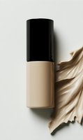 Liquid foundation bottle with black cap and beige base color showing smooth makeup texture smear on neutral background for cosmetic advertising.