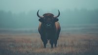 Powerful black bull with horns standing in misty grassland field during moody atmospheric morning creating dramatic livestock farming scene.
