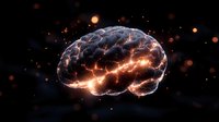 Glowing brain with electric neural connections on dark background surrounded by luminous particles, representing intelligence and cognitive function.
