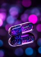 Glowing pharmaceutical capsule with cosmic galaxy pattern inside on reflective surface against purple bokeh background, representing medical advancement.